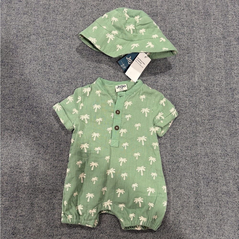 jojo maman bebe palm tree 2 piece cheesecloth romper-hat set | size 0-3 months - Picture 2 of 6